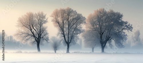 A row of trees in a misty field on a foggy day creates a mysterious atmosphere, blending with the cloudy sky and showcasing natures artistic beauty