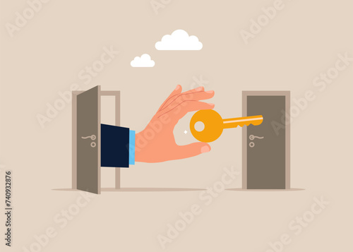 Hand holding big key between an open door and a closed. Business and management. Way to success. Taking chances. Flat vector illustration