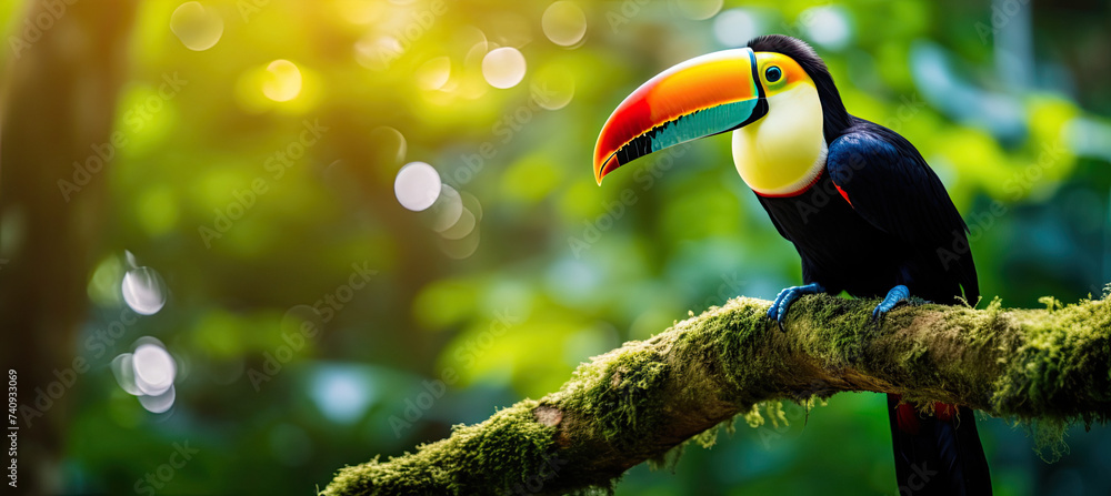 Toucan sitting on the branch in the forest - obrazy, fototapety, plakaty 
