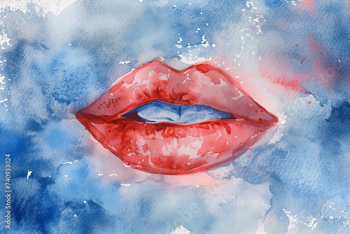 Watercolor background with red lips imprint, artistic makeup theme