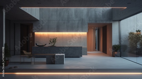Abstract interior of a minimalist house with concrete, wood, and neon lighting.