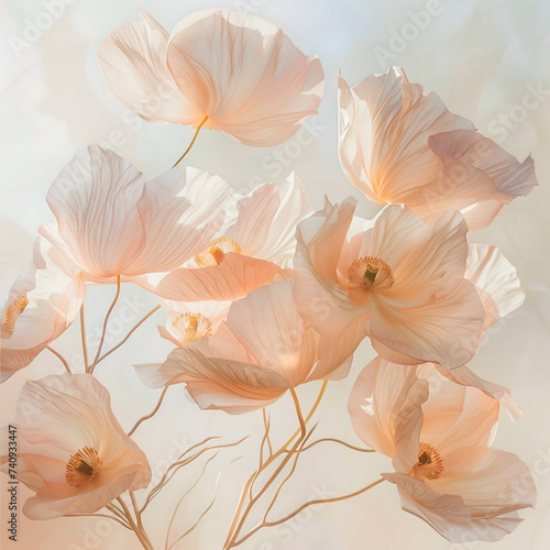 Spring, delicate peach-white large flowers in the morning sun for cards, print, picturesque composition