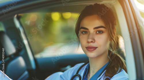 Female nurse sitting in car, going home from work. Female doctor driving car to work, on-call duty. Work-life balance of healthcare worker © Guru