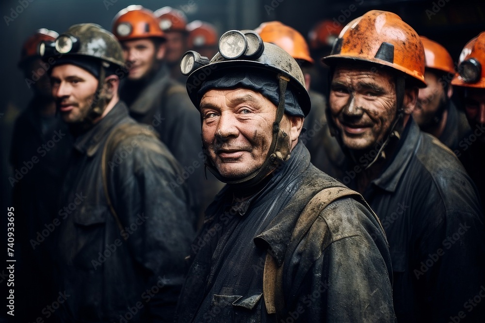 Group of happy industrial coal miners in hard hats with flashlights on their foreheads Group of happy industrial coal miners in hard hats with flashlights on their foreheads