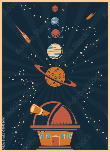 retro poster with an observatory and planets