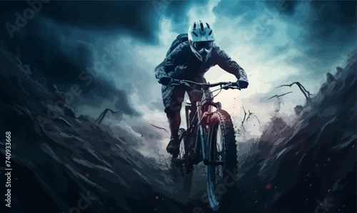 man riding bycicle dramatic cinematic shot action isolated illustration