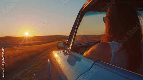 Hatchback Car travel driving road trip of woman summer vacation in blue car at sunset,Girls happy traveling enjoy holidays and relaxation with friends together get the atmosphere and go to destination © Guru