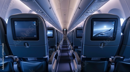 Airplane seats with LCD screens in the cabin.