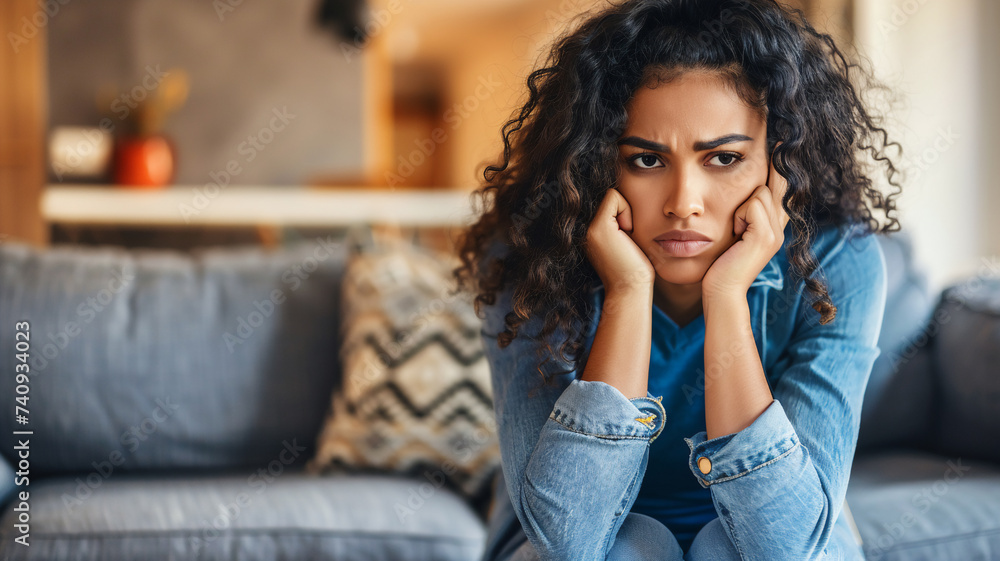 Mental health issues , depressed beautiful overthinking woman is sitting with copy space . Mental health issues , depressed beautiful overthinking woman is sitting with copy space .