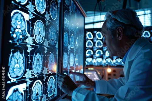 Doctor examining X-ray images on display in MRI control room while in background nurse preparing the patient for examination test.