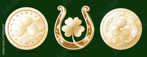 golden symbols of good luck, coin, horseshoe, clover. Metal elements for your design, icon. 100% vector.