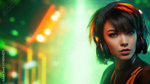 Futuristic female DJ with headphones in neon lights, portrait of a woman with a confident look