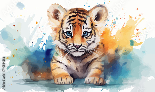 Watercolor illustration tiger cub lion cub stains splashes, children's cute cartoon room decor, photo wallpaper, print, poster, wall painting