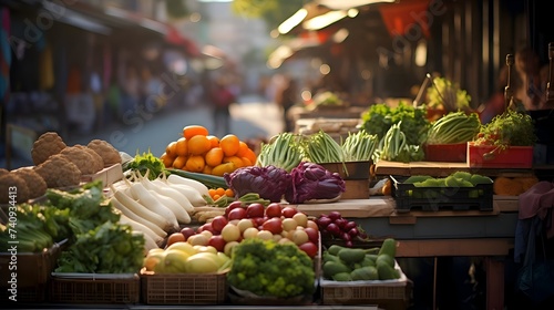 Vibrant display of farm-fresh, locally sourced organic produce at a bustling market stall photo