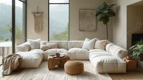 Bohemian Style Spacious Living Room with Comfy White Couch, Macrame Wall Hanging, and Scenic Mountain View