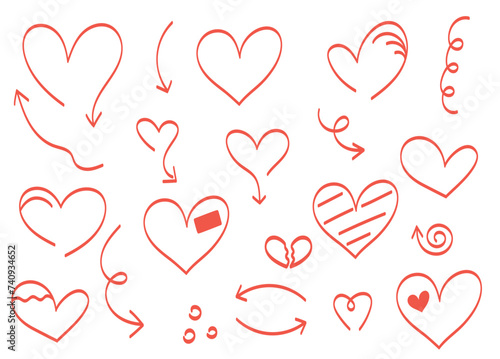 Heart doodle set, Hand drawn decorative elements, doodle heart arrows, Heart vector clipart