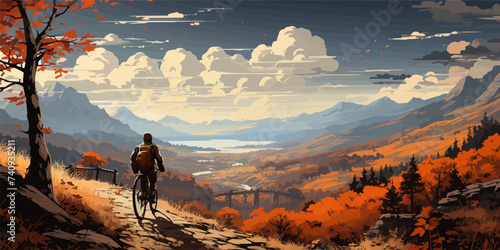 boy on a bicycle looking at the autumn view, digital art style, illustration painting