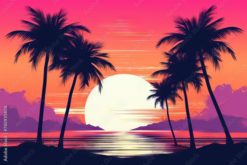 Synthwave 80's Retro Vintage Sunset Poster / Wallpaper - Tropical Paradise Beach Travel Theme