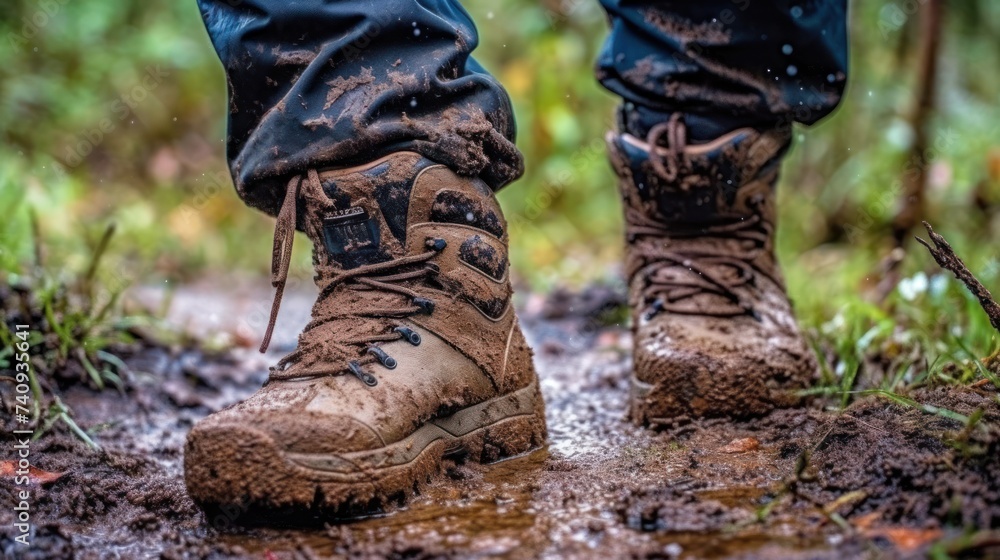 Pair of brown hiking boots. Hikers muddy boots on forest trail Pair of brown hiking boots. Hikers muddy boots on forest trail