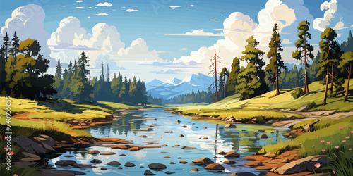 Vector landscape with a river among the forest vector