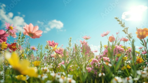 spring meadow with flowers and blue sky 