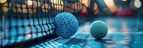 Pickleball and tennis ball by the net at night. Night game with pickleball and tennis equipment. Illuminated pickleball and tennis ball on court. Pickleball and tennis games banner in blue colors. photo