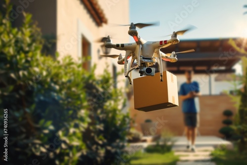 Smart package Drone Delivery tech events. Box shipping parcel delivery van parcel herding drone transportation. Logistic tech residential drone logistic mobility land surveying drone