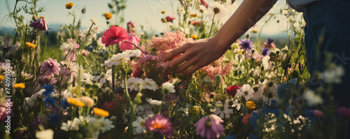 Wild flowers picking by hands at flower farm.