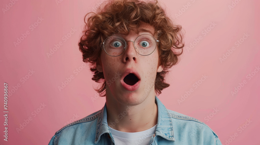 A young man with curly hair and round glasses expresses surprise with wide eyes and an open mouth against a light background.