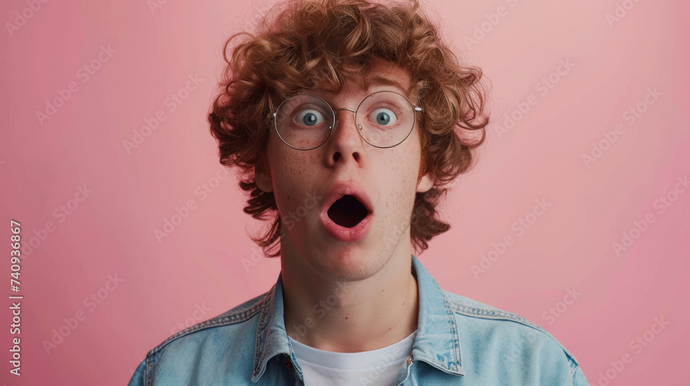 A young man with curly hair and round glasses expresses surprise with wide eyes and an open mouth against a light background. A young man with curly hair and round glasses expresses surprise with wide eyes and an open mouth against a light background.