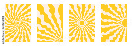 Retro Groovy Sun Background Set. Abstract hand drawn wave ray pattern in trendy 70s hippie style. Contemporary summer poster in doodle, childishly, naive art style. Vector.