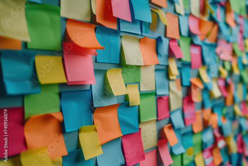 Colored post-it notes on an office wall. A slide background for showcasing the brainstorming process. Created with Generative AI technology.