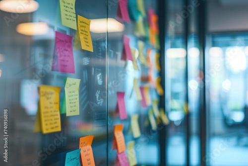 Colored post-it notes on an office wall. A slide background for showcasing the brainstorming process. Created with Generative AI technology.