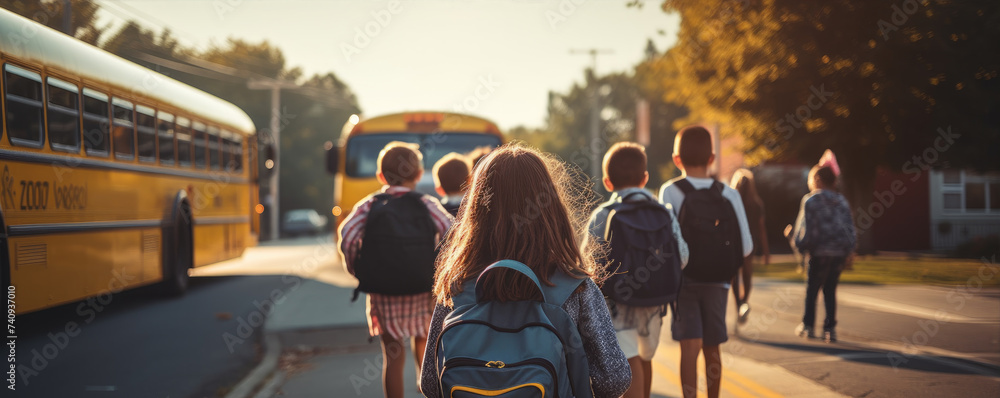 Children going to high school. School bus blured in background. View from behind.