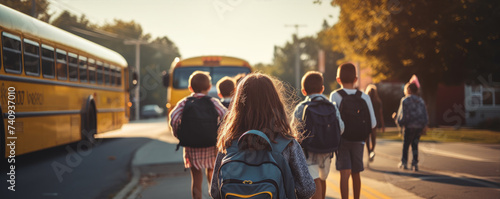 Children going to high school. School bus blured in background. View from behind.