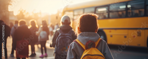 Children going to high school. School bus blured in background. View from behind.