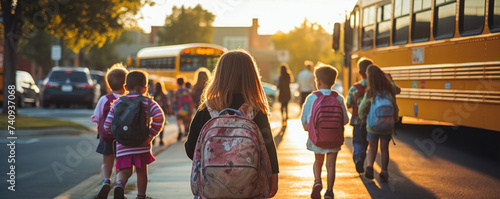 Children going to high school. School bus blured in background. View from behind.