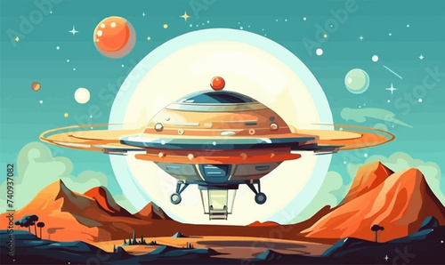 space ship on unknown planet orbit vector flat isolated illustration