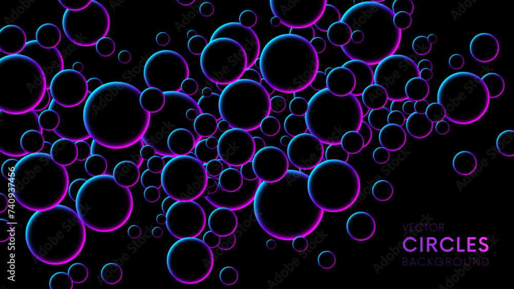 Luminous floating balls in blue and pink neon glow colors on black. Futuristic random flying neon glowing circles, spheres or bubbles. Fluorescent circular particles dynamic flow. Vector background