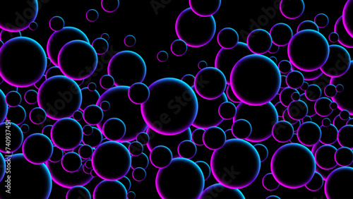 Futuristic random flying neon glowing circles, spheres or bubbles. Luminous floating balls in blue and pink neon glow colors on black. Fluorescent circle particles dynamic flow. Vector background