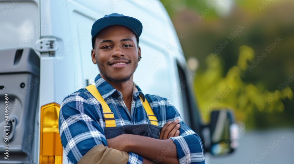 smiling man with a beard, wearing a blue cap, a plaid shirt, and a blue overall with a tool belt, standing confidently with his arms crossed in front of a white van. smiling man with a beard, wearing a blue cap, a plaid shirt, and a blue overall with a tool belt, standing confidently with his arms crossed in front of a white van.