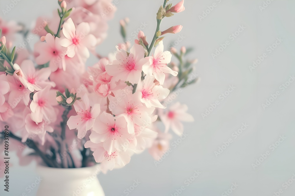Delicate pink cherry blossoms in full bloom against a soft background