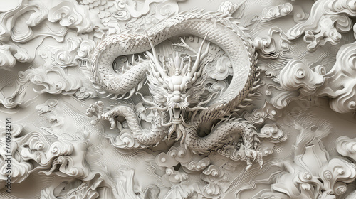 3D illustration of white chinese dragon wall.