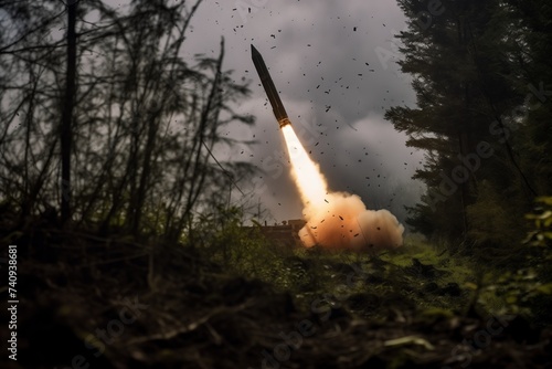 A ballistic missile rises among the trees against the background of the evening sky. Launching a cruise missile in the forest at dusk. War concept.
