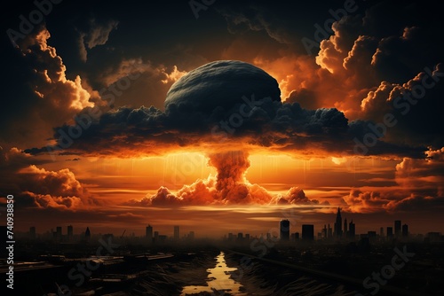 Nuclear apocalypse over devastated cityscape at dusk. A massive mushroom cloud rises above the ruins of a city against a twilight sky.