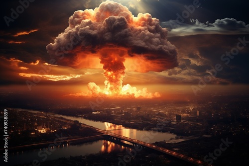 Nuclear apocalypse over devastated cityscape at dusk. A massive mushroom cloud rises above the ruins of a city against a twilight sky.