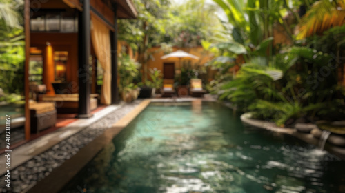 Blur background of luxurious resort spa relaxation area amidst dense tropical greenery. Resplendent. © Summit Art Creations