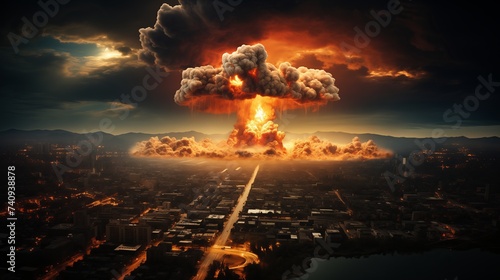 Nuclear apocalypse over devastated cityscape at dusk. A massive mushroom cloud rises above the ruins of a city against a twilight sky.