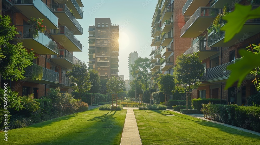 Modern residential buildings in a green area of the city. European apartment houses. Milan, Italy in the summer. And trees and grass in the walking area. - obrazy, fototapety, plakaty 