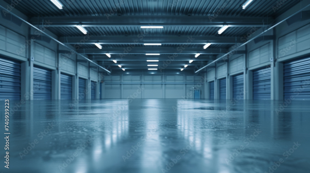 An expansive and modern industrial warehouse interior is illuminated in cool blue tones with a glossy floor reflecting the overhead lights.